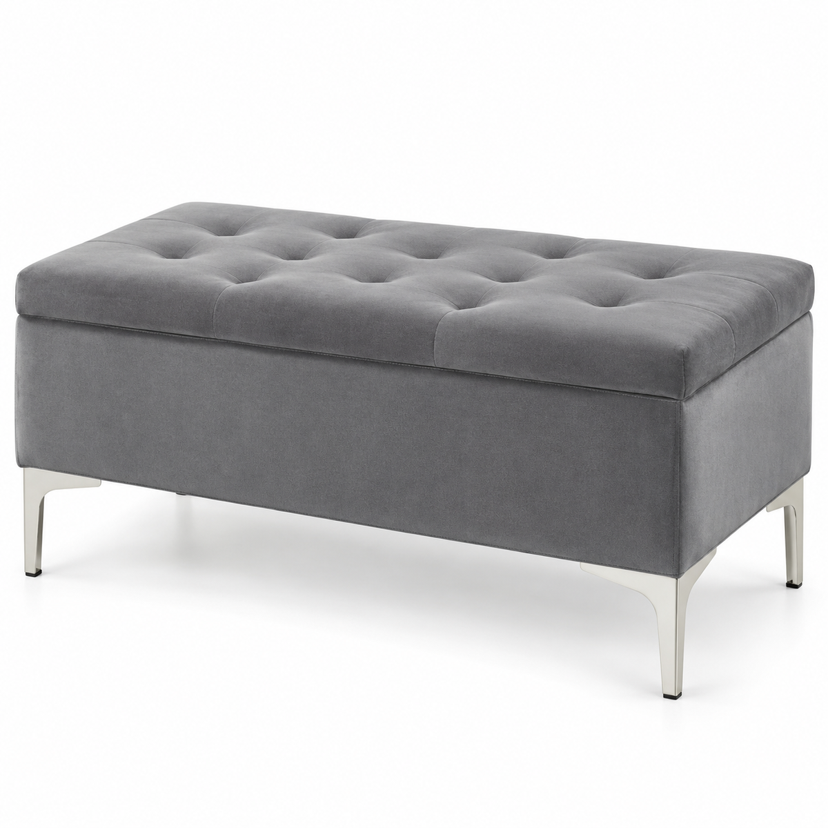Compact Velvet Tufted Storage Bench with Chrome Legs — IF-6255 Grey, closed product on clean white background