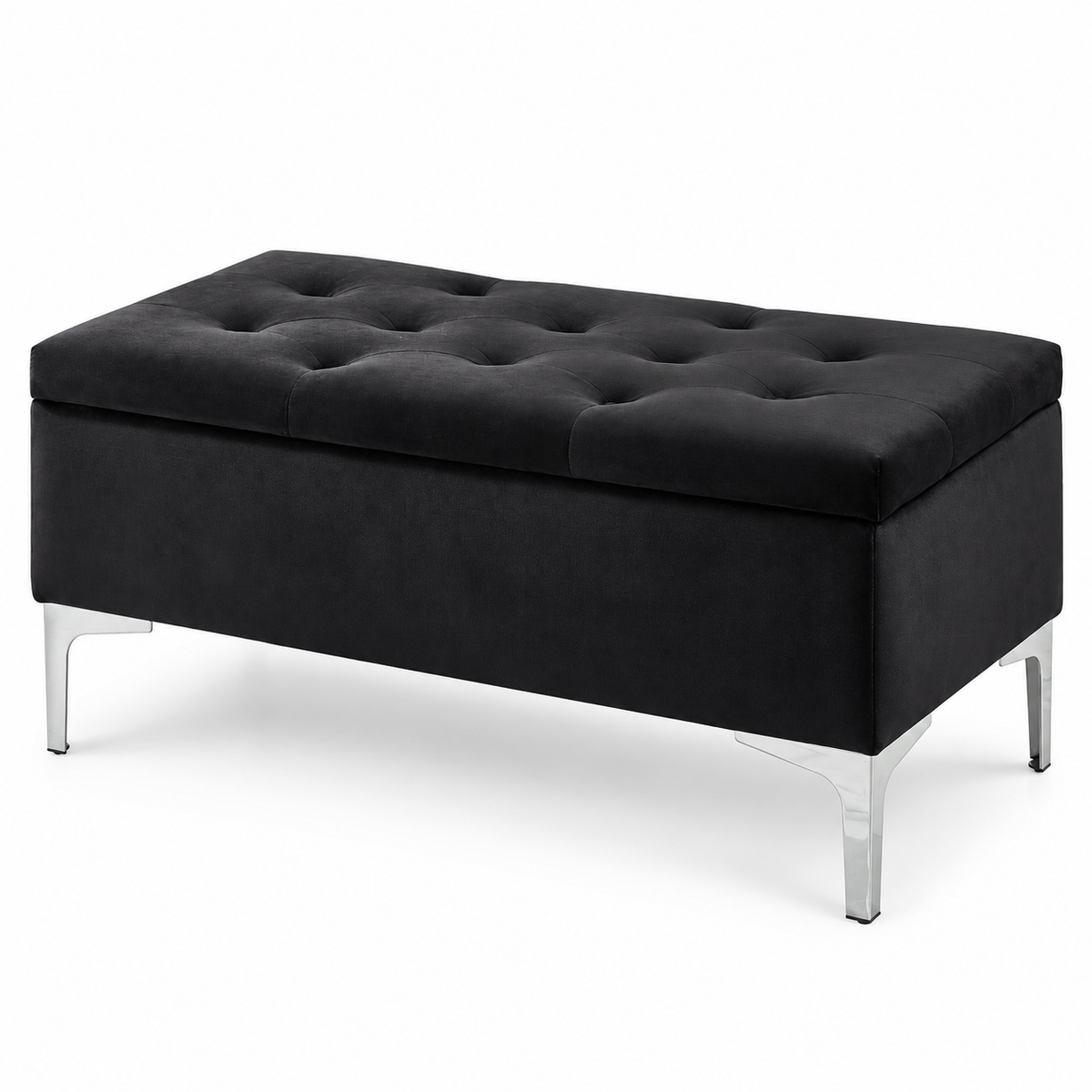 Compact Velvet Tufted Storage Bench with Chrome Legs — IF-6256 Black, closed product on clean white background