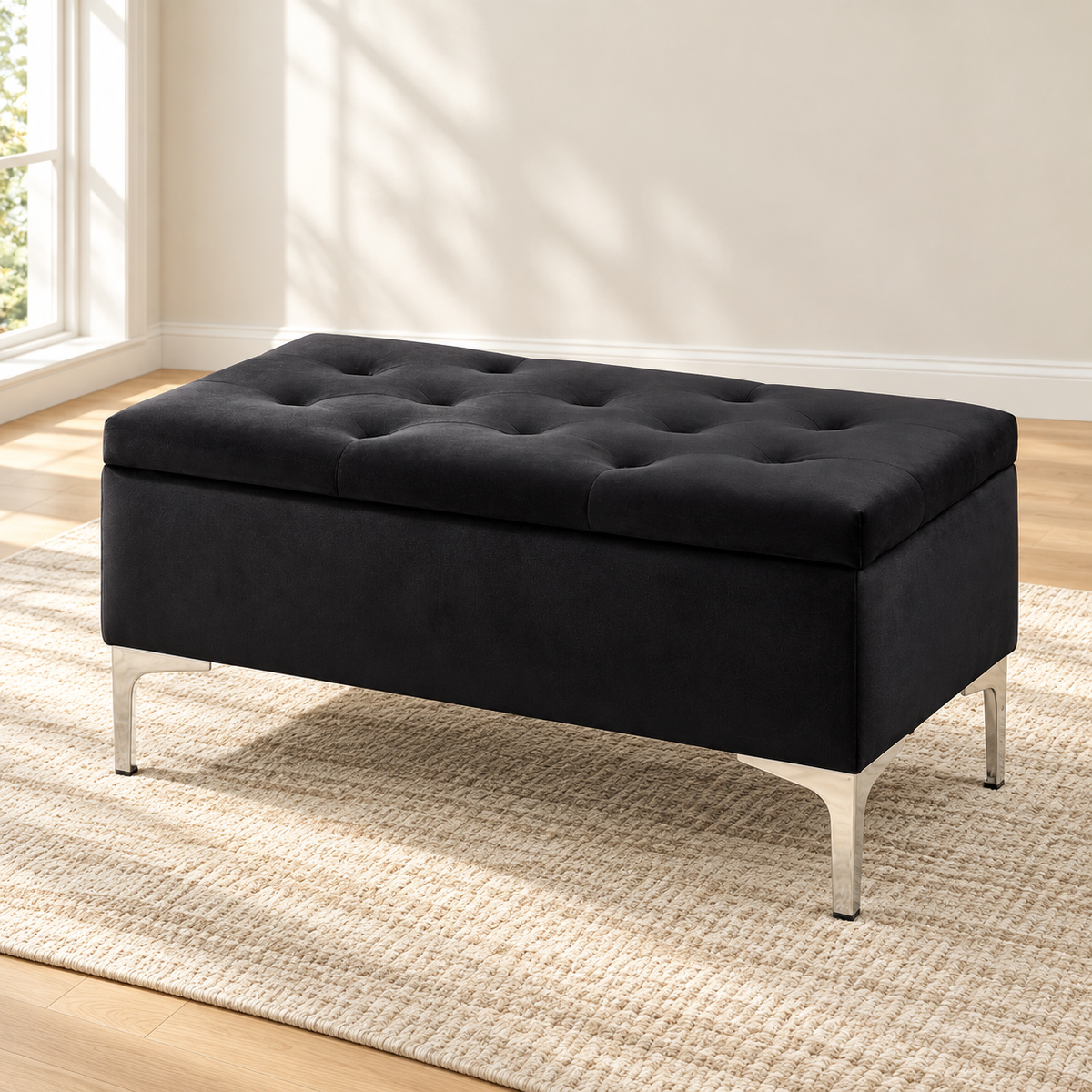 Compact Velvet Tufted Storage Bench with Chrome Legs — IF-6256 Black, main lifestyle image