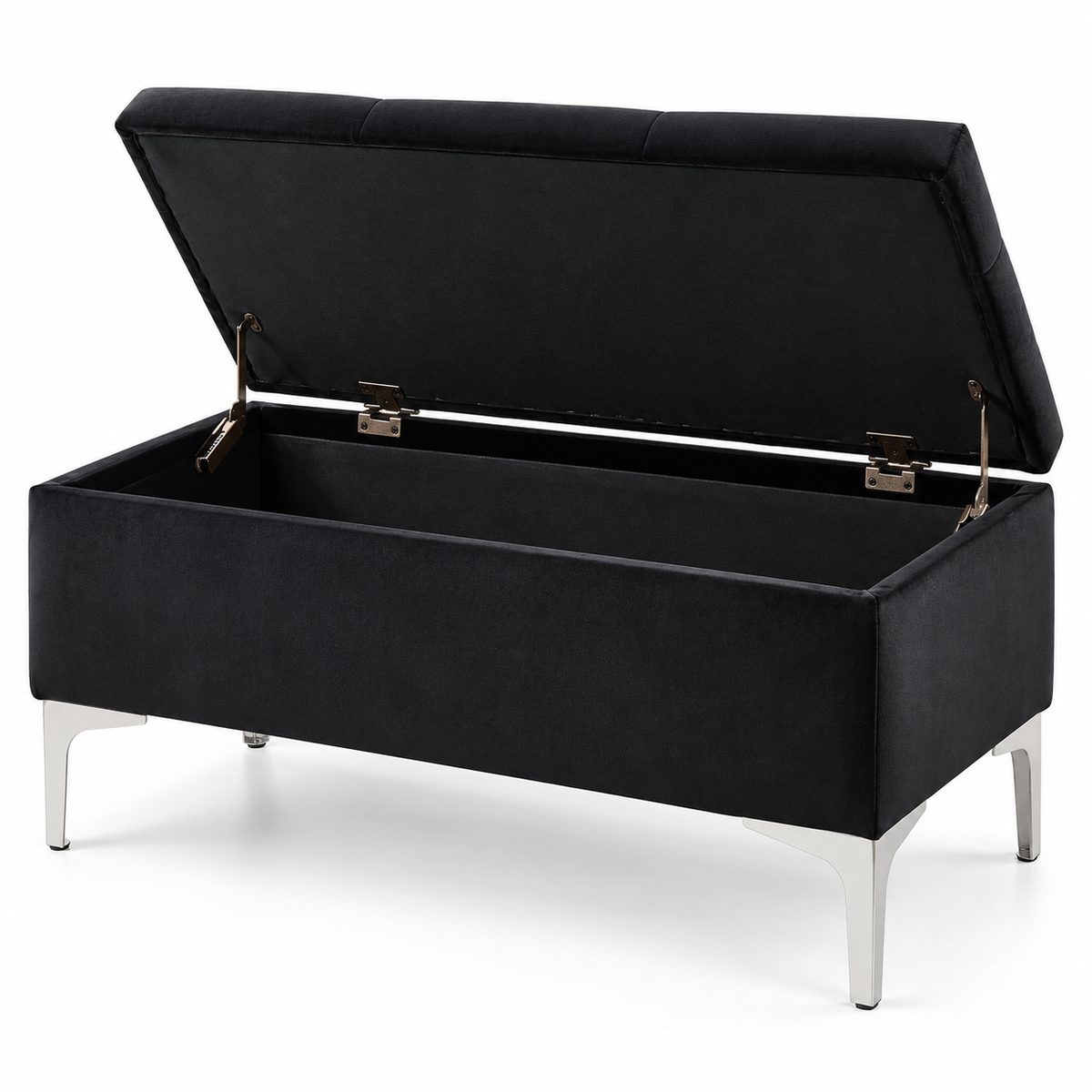 Compact Velvet Tufted Storage Bench with Chrome Legs — IF-6256 Black, storage feature on clean white background