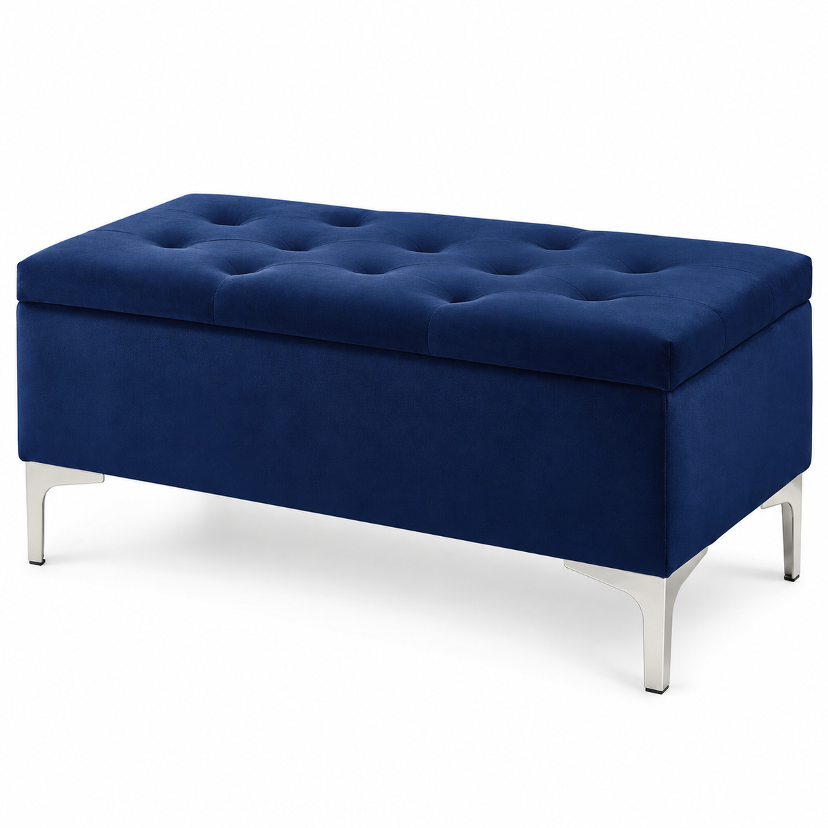 Compact Velvet Tufted Storage Bench with Chrome Legs — IF-6257 Blue, closed product on clean white background
