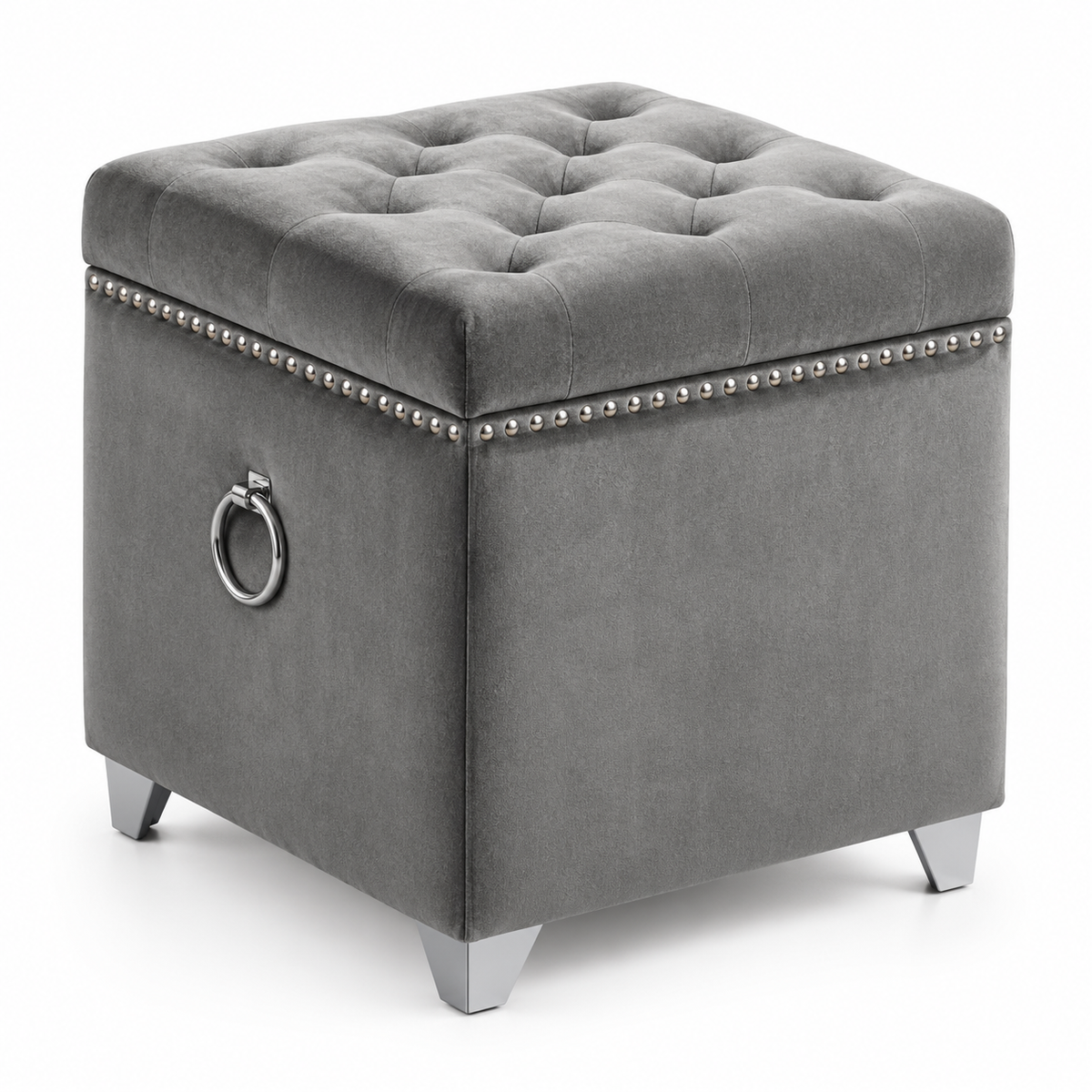 Velvet Tufted Storage Ottoman with Chrome Ring — IF-6295 Grey, closed product on clean white background