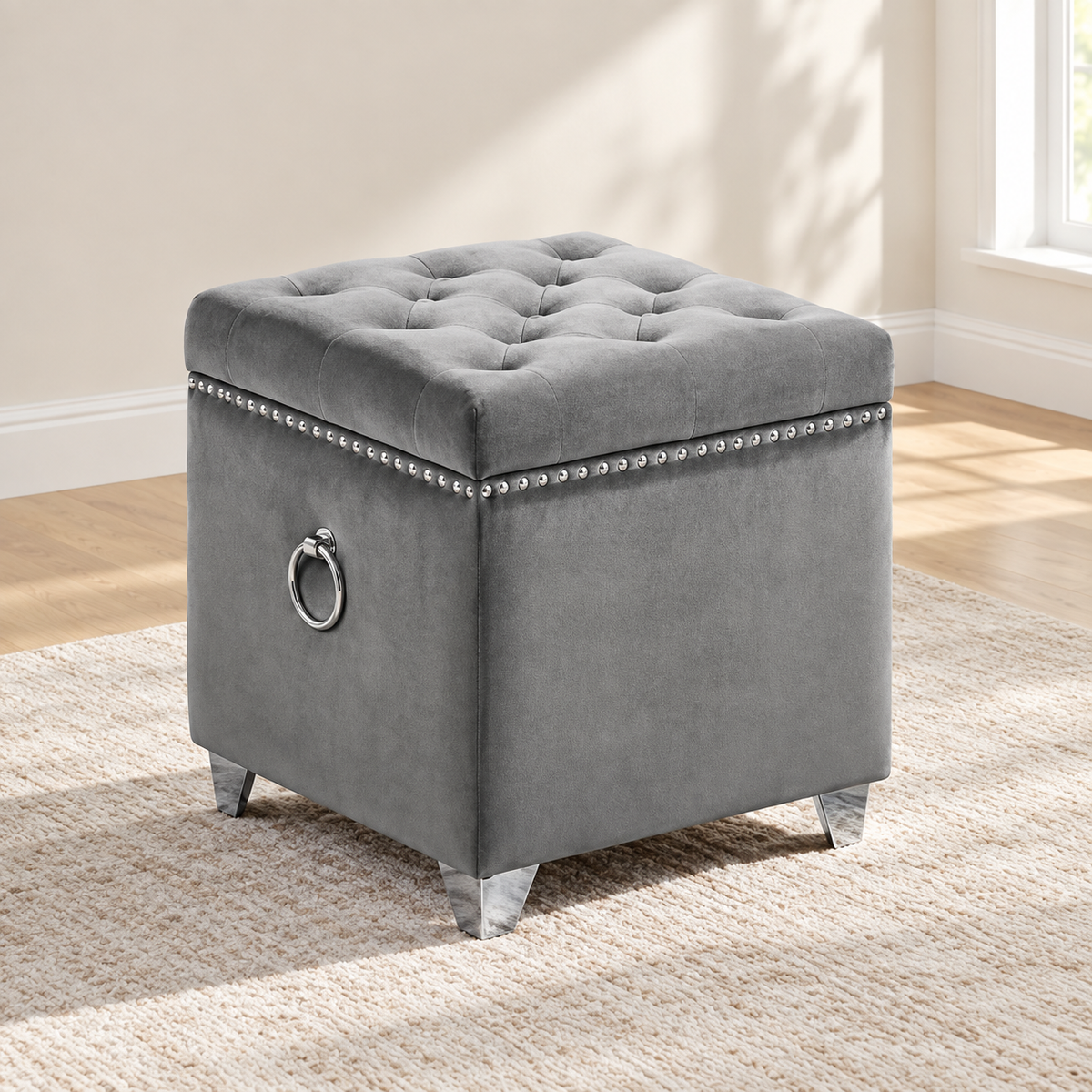 Velvet Tufted Storage Ottoman with Chrome Ring — IF-6295 Grey, main lifestyle image