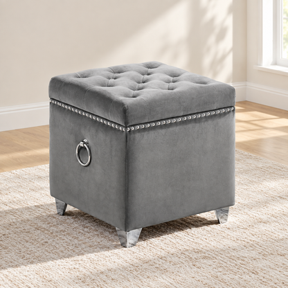 Velvet Tufted Storage Ottoman with Chrome Ring — IF-6295 Grey, main lifestyle image