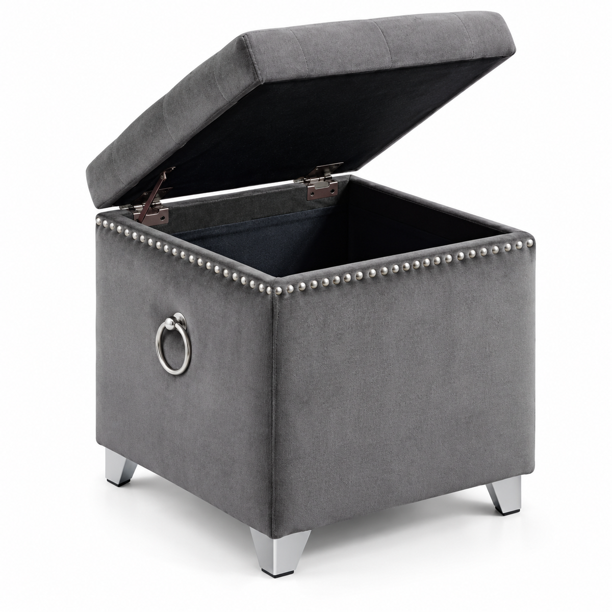 Velvet Tufted Storage Ottoman with Chrome Ring — IF-6295 Grey, storage feature on clean white background