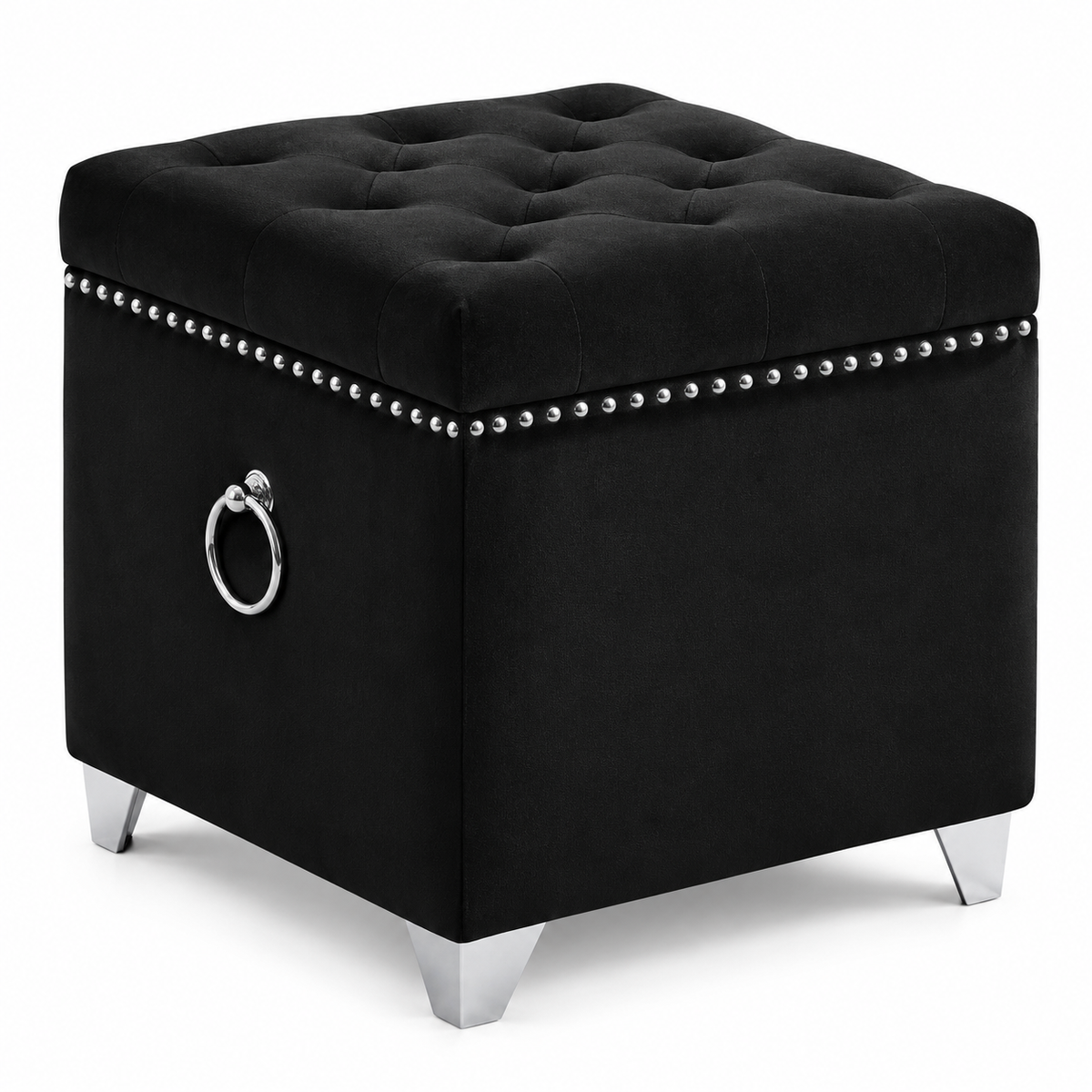 Velvet Tufted Storage Ottoman with Chrome Ring — IF-6296 Black, closed product on clean white background