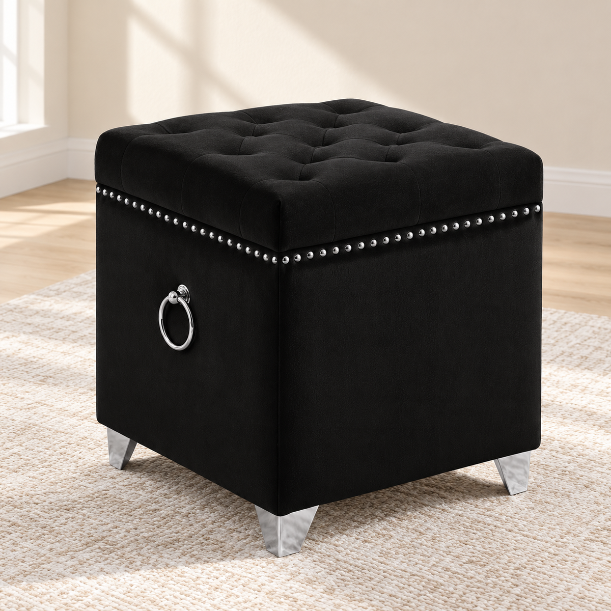 Velvet Tufted Storage Ottoman with Chrome Ring — IF-6296 Black, main lifestyle image