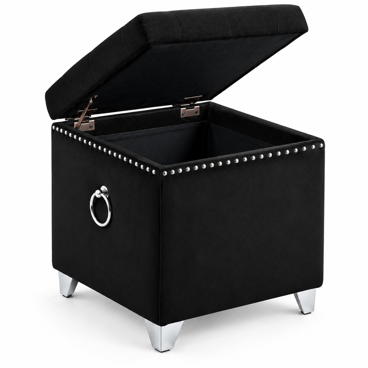 Velvet Tufted Storage Ottoman with Chrome Ring — IF-6296 Black, storage feature on clean white background