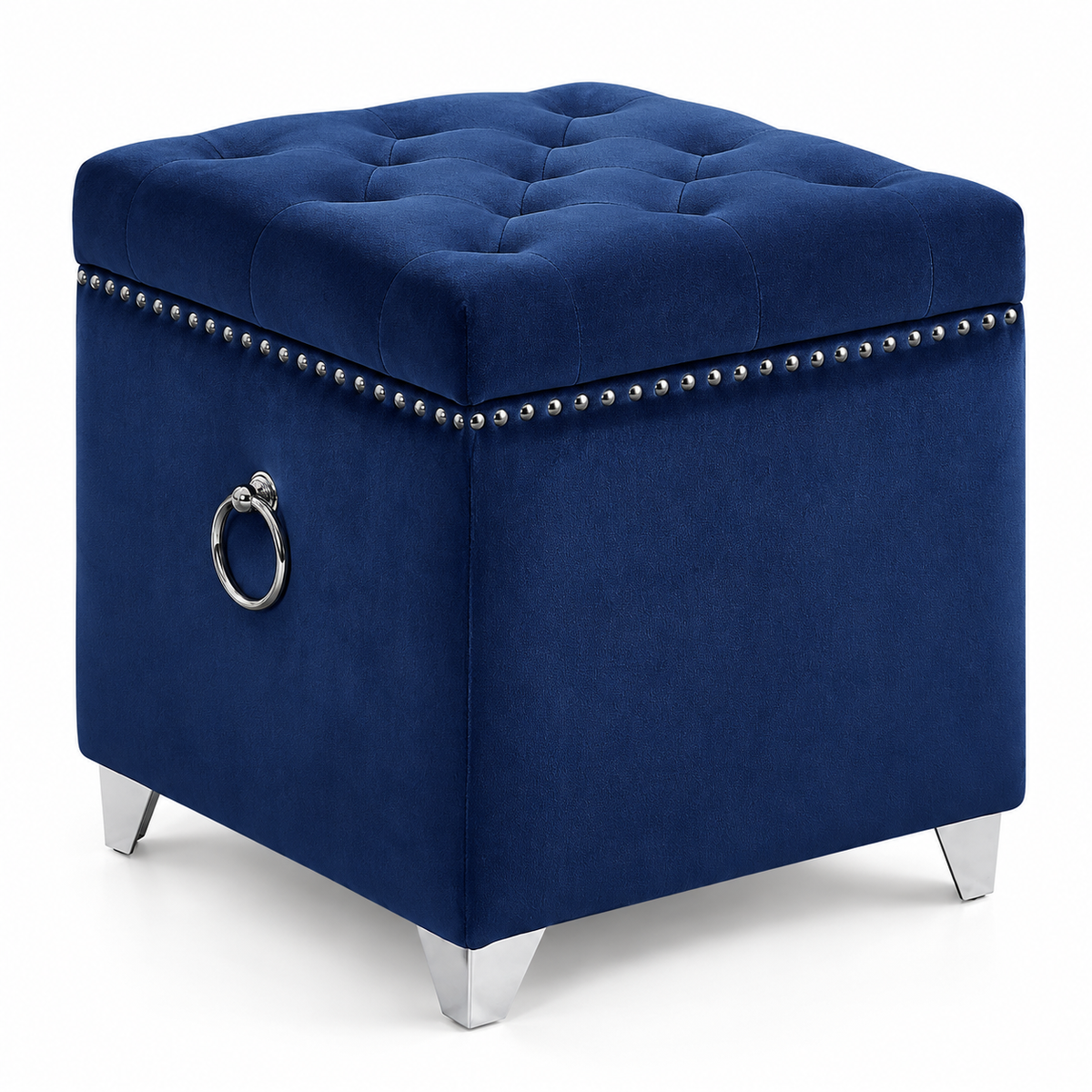 Velvet Tufted Storage Ottoman with Chrome Ring — IF-6297 Navy Blue, closed product on clean white background