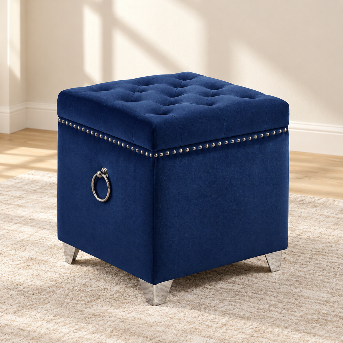 Velvet Tufted Storage Ottoman with Chrome Ring — IF-6297 Navy Blue, main lifestyle image