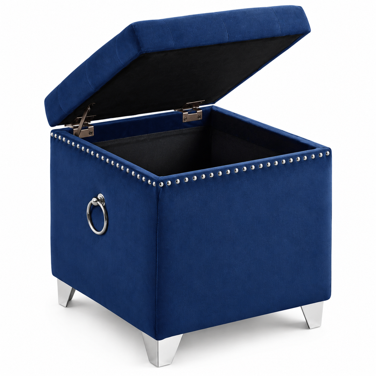 Velvet Tufted Storage Ottoman with Chrome Ring — IF-6297 Navy Blue, storage feature on clean white background