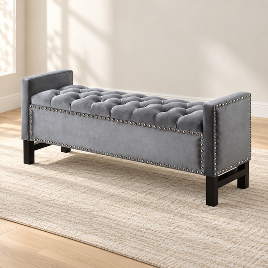Velvet Button-Tufted Storage Bench with Nailhead Trim — IF-6400 Grey, main lifestyle image