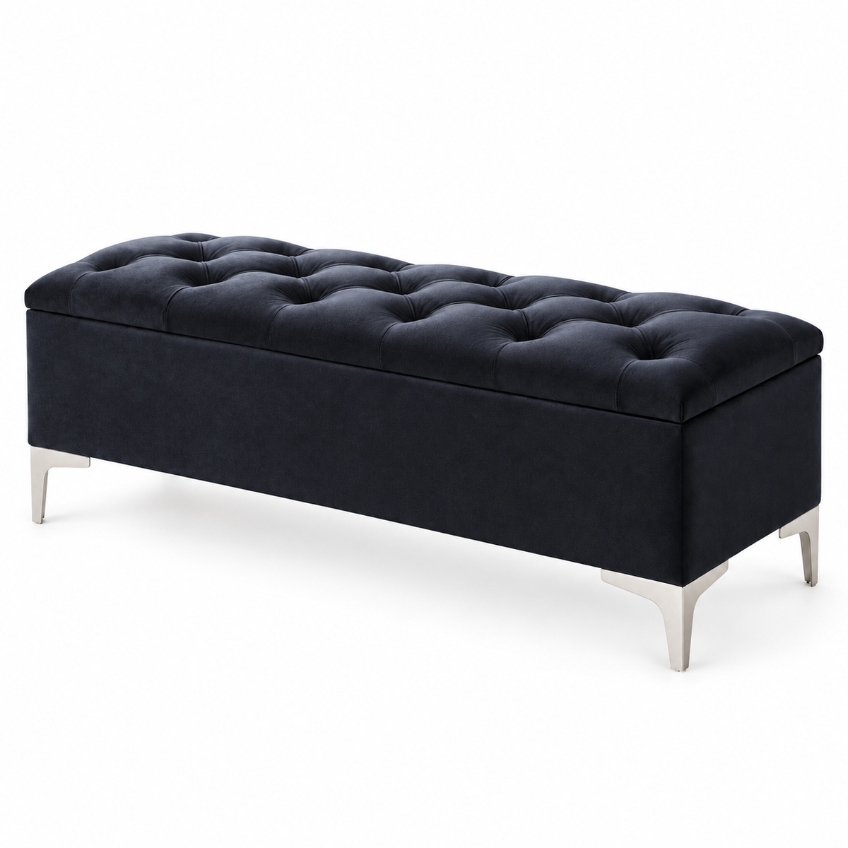 Velvet Tufted Storage Bench with Chrome Legs — IF-6501 Black, closed product on clean white background