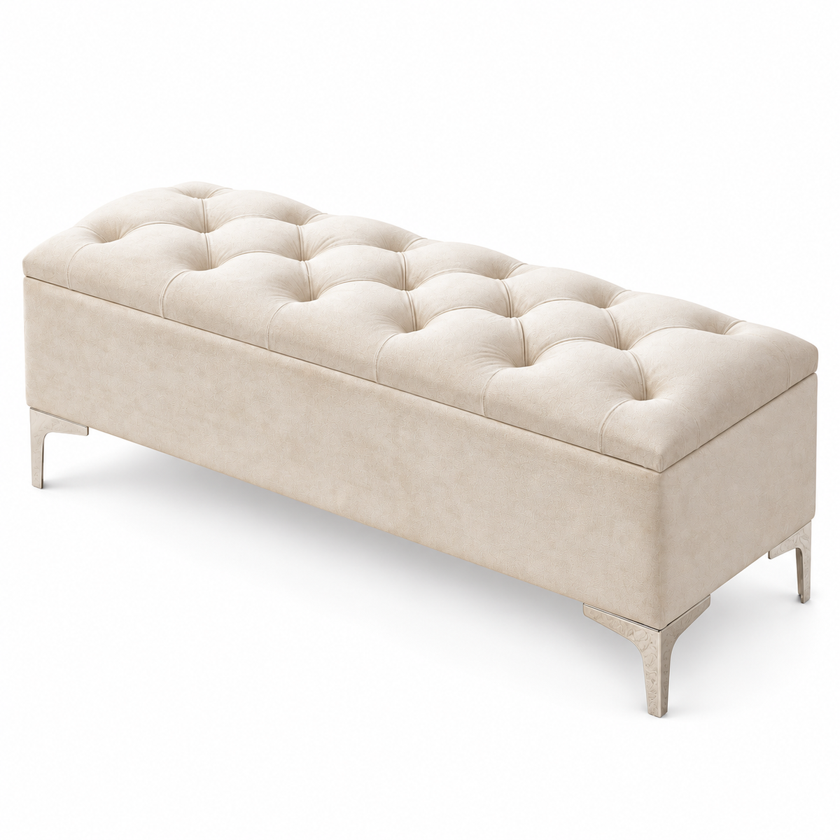 Velvet Tufted Storage Bench with Chrome Legs — IF-6502 Cream, closed product on clean white background