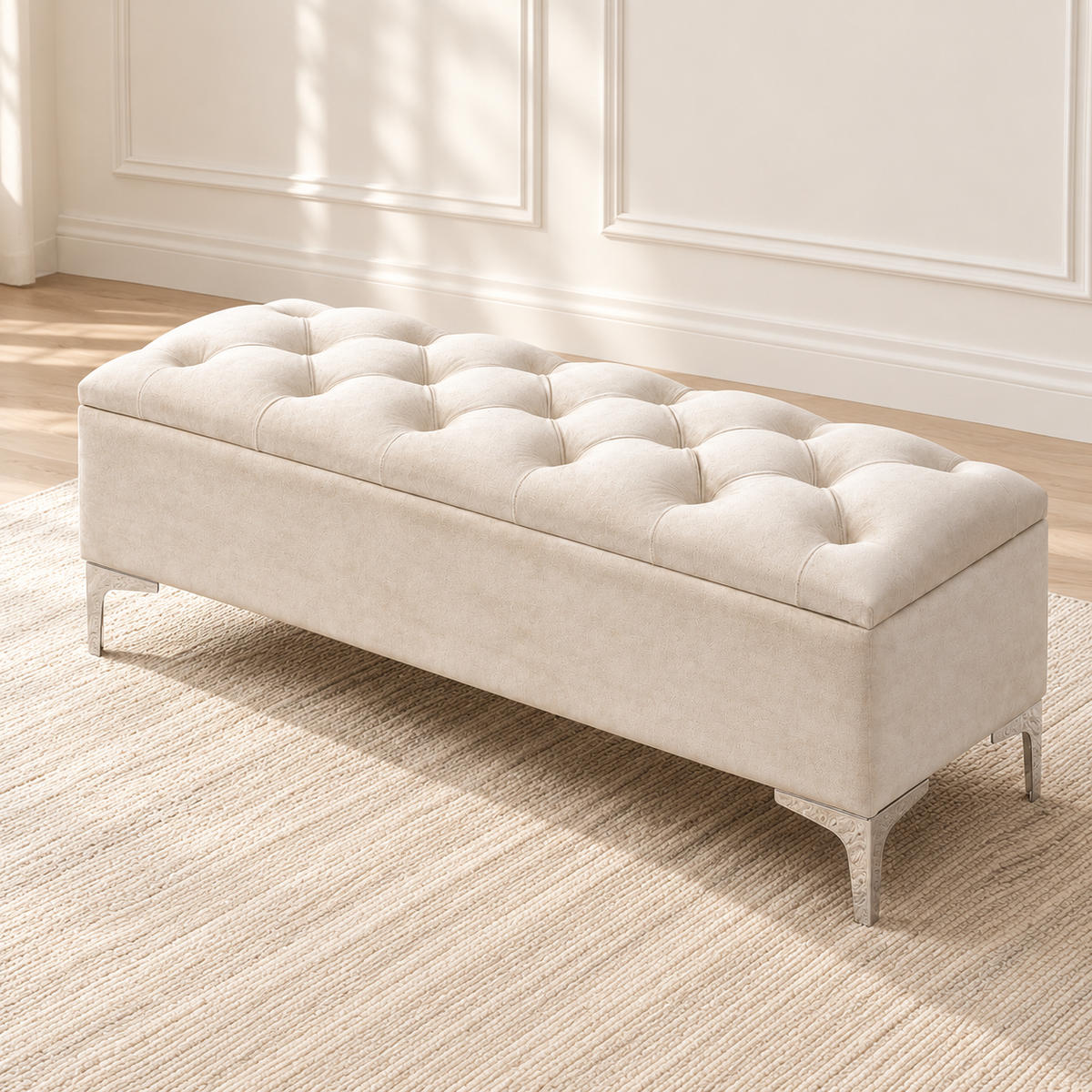 Velvet Tufted Storage Bench with Chrome Legs — IF-6502 Cream, main lifestyle image
