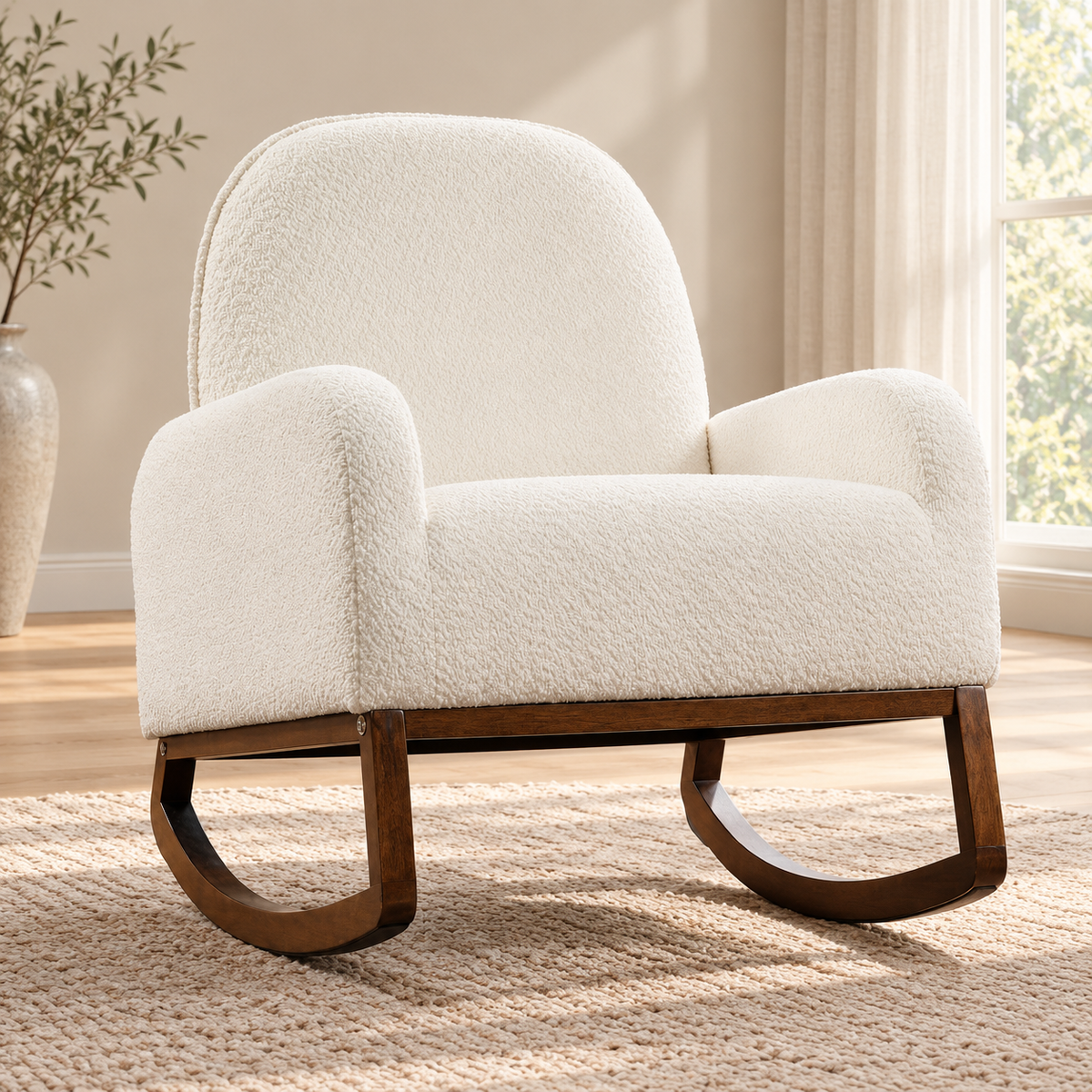 Beige Boucle Rocking Chair — Beige, single chair lifestyle image