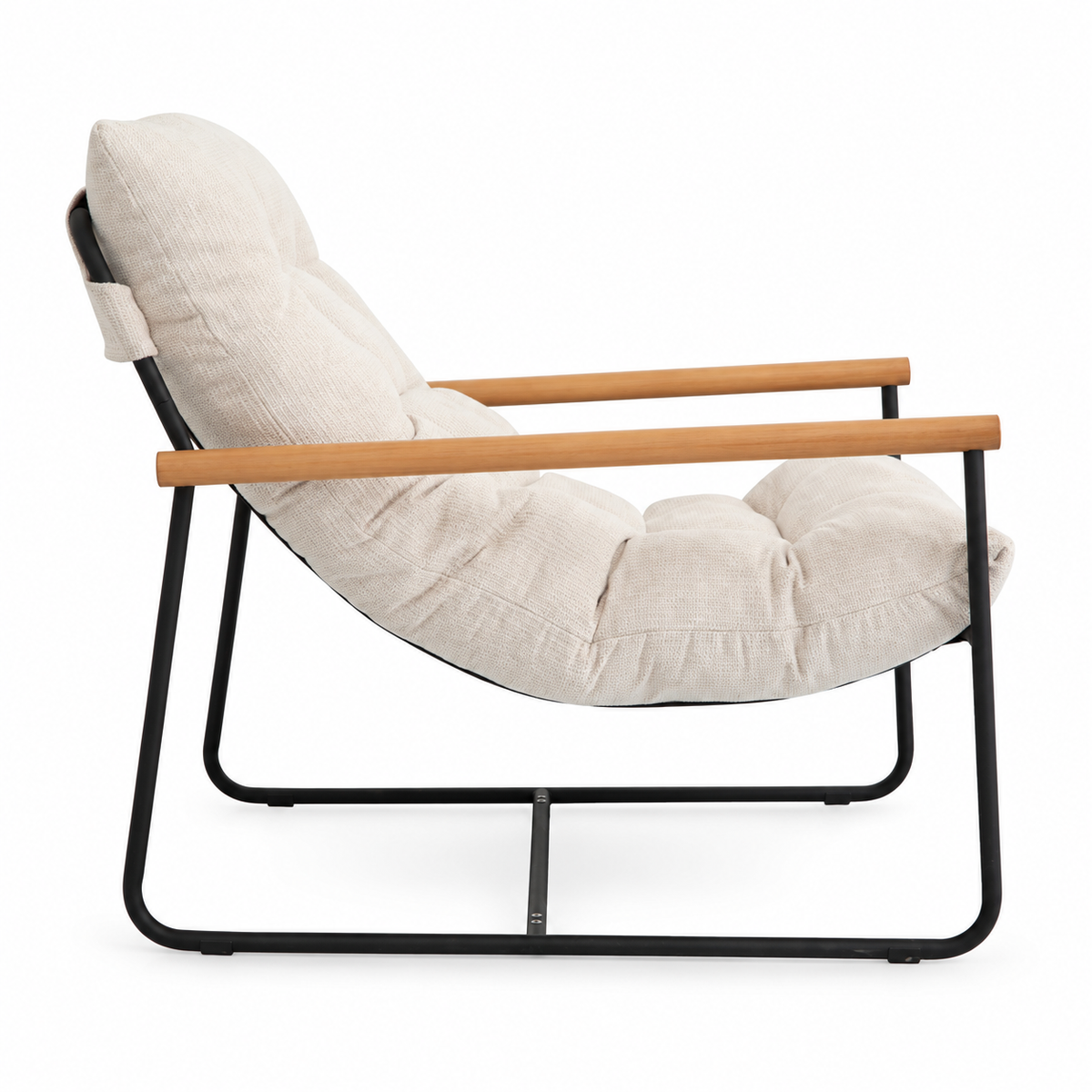 IF-665 cream tufted accent chair — side profile showing wood armrests and black metal frame, white background