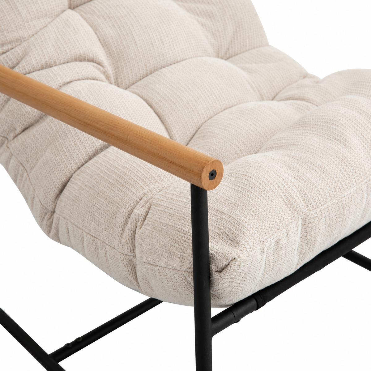 IF-665 cream accent chair — close-up of tufted woven upholstery, wood armrest and black frame