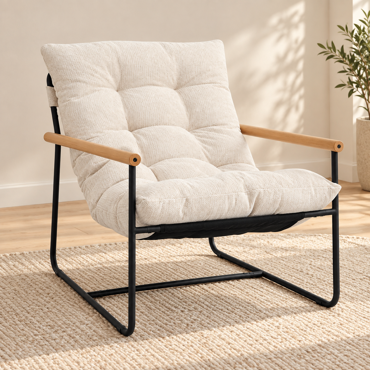 Cream Tufted Accent Chair with Wood Armrests — Cream, single chair lifestyle image