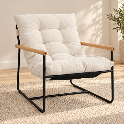 Cream Tufted Accent Chair with Wood Armrests — Cream, single chair lifestyle image