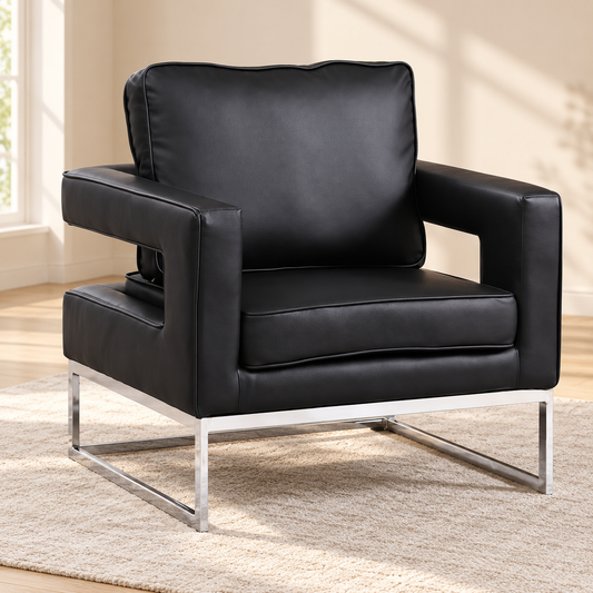 Black PU Accent Chair with Chrome Frame — Black, single chair lifestyle image
