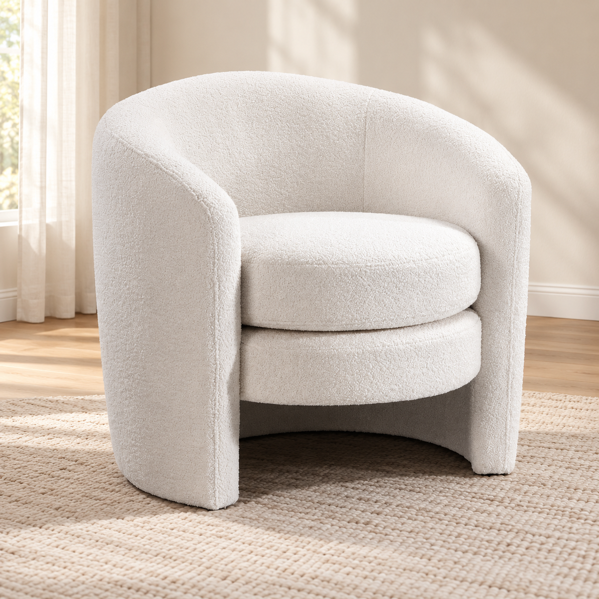 Teddy Bear Fabric Barrel Accent Chair — White, single chair lifestyle image