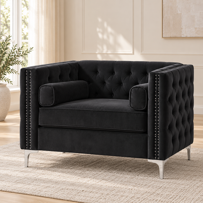 Black Tufted Velvet Chair — Black, single chair lifestyle image