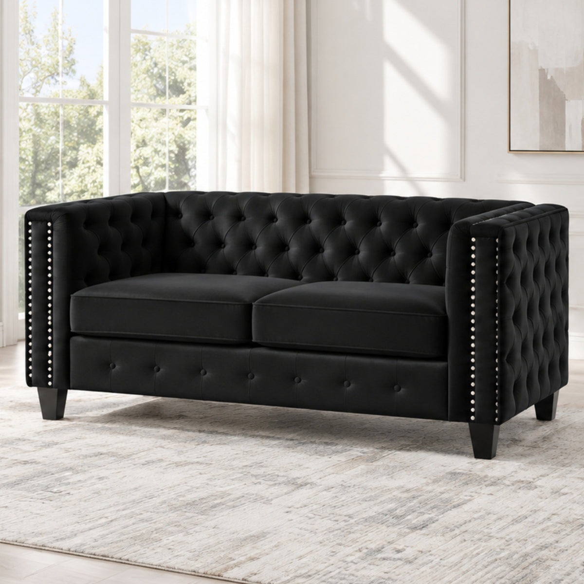 Black Tufted Velvet Loveseat — loveseat lifestyle