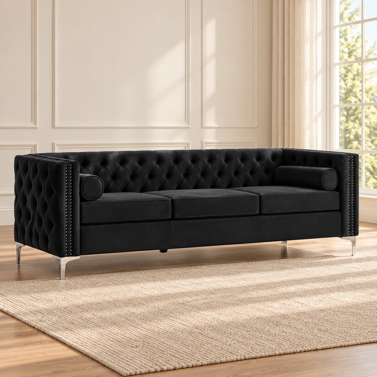 Black Tufted Velvet 3-Seater Sofa – Default Title, sofa only in a warm living room