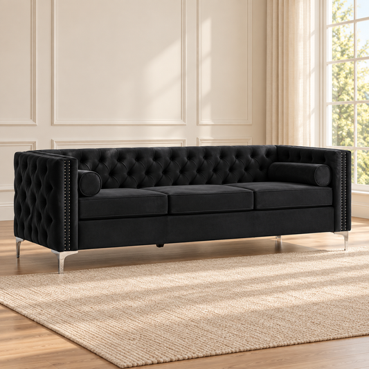 Black Tufted Velvet 3-Seater Sofa – Default Title, sofa only in a warm living room