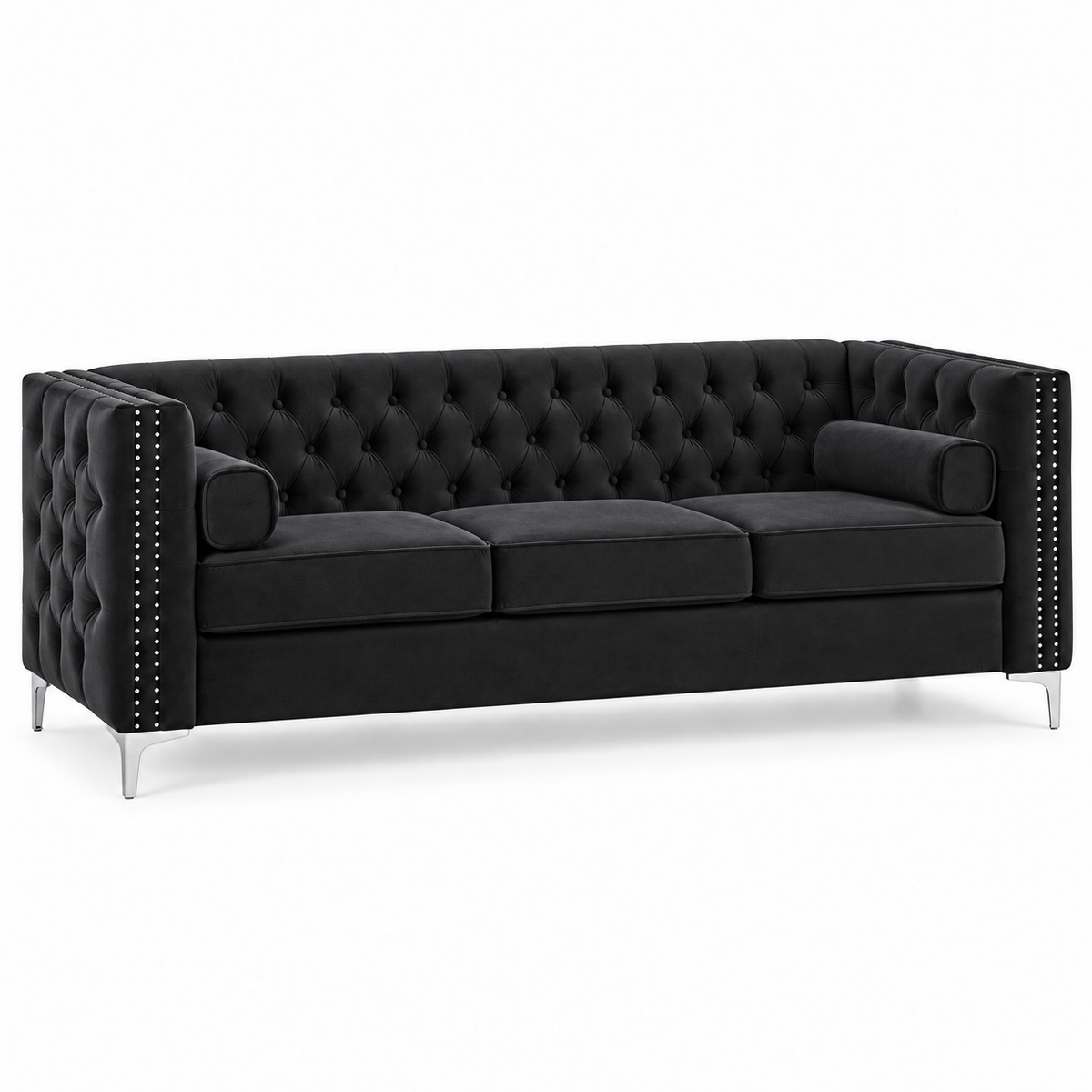 Black Tufted Velvet 3-Seater Sofa – IF-8007-S clean sofa on white background