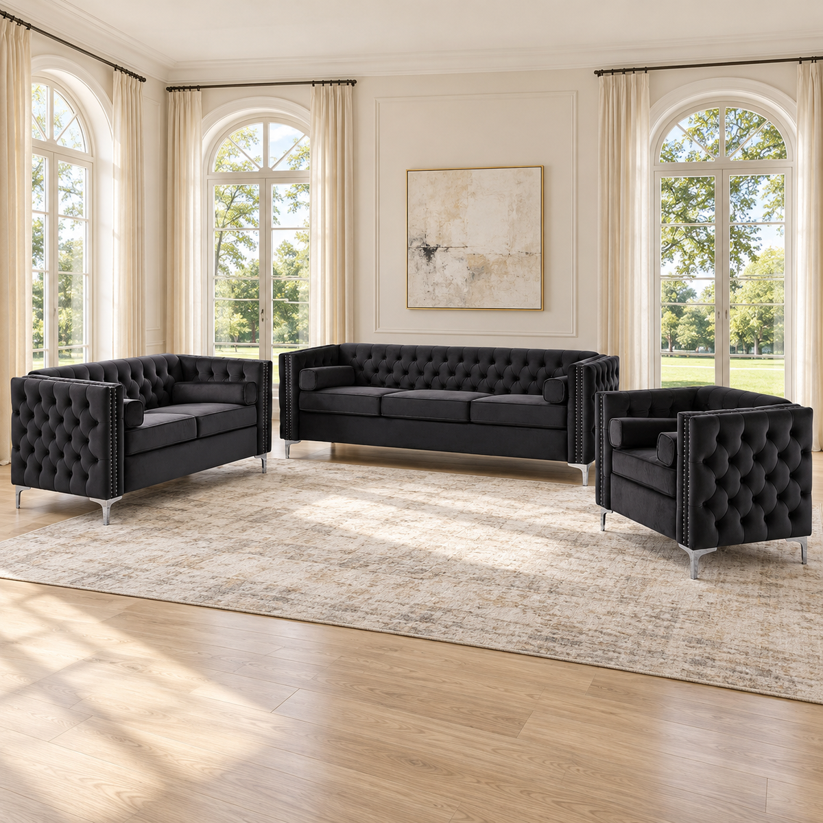 Black Tufted Velvet 3-Piece Sofa, Loveseat & Chair Set — Black, full 3-piece set main lifestyle image