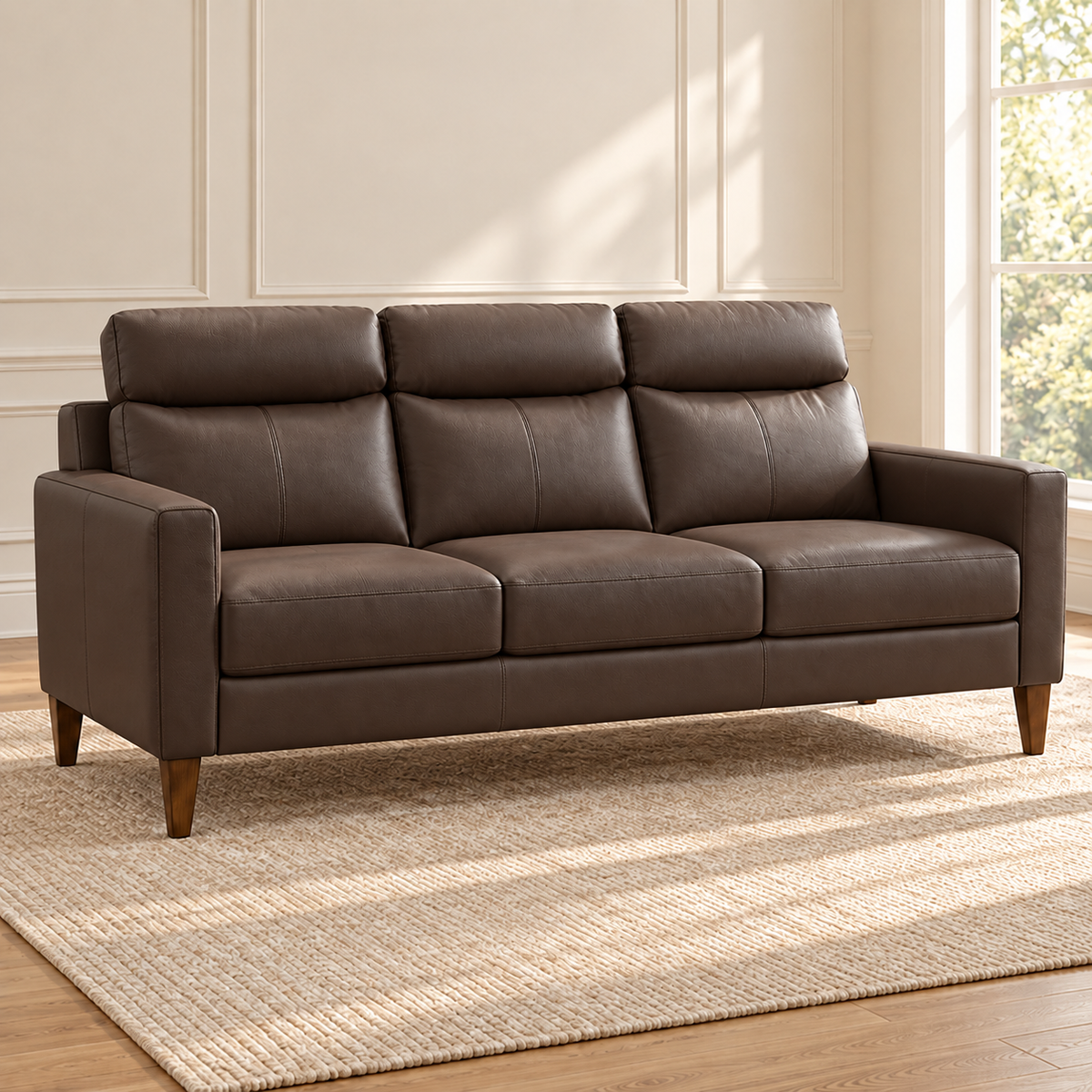 Modern Leather-Match 3-Seater Sofa – Dark Chocolate Brown, sofa only in a warm living room