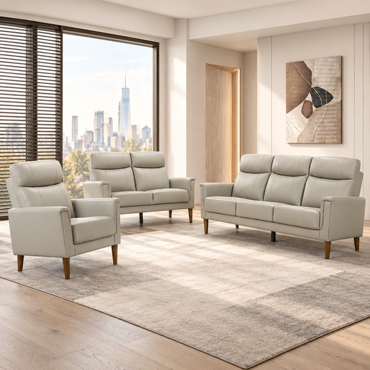 Light Grey Leather-Match 3-Piece Sofa, Loveseat & Chair Set — Light Grey, full 3-piece set main lifestyle image