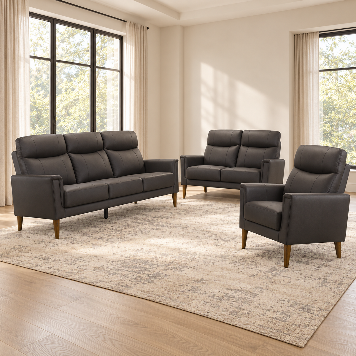 Modern Dark Chocolate Brown or Cream Leather-Match 3-Piece Sofa, Loveseat & Chair Set — Dark Chocolate Brown Leather Match, full 3-piece set main lifestyle image