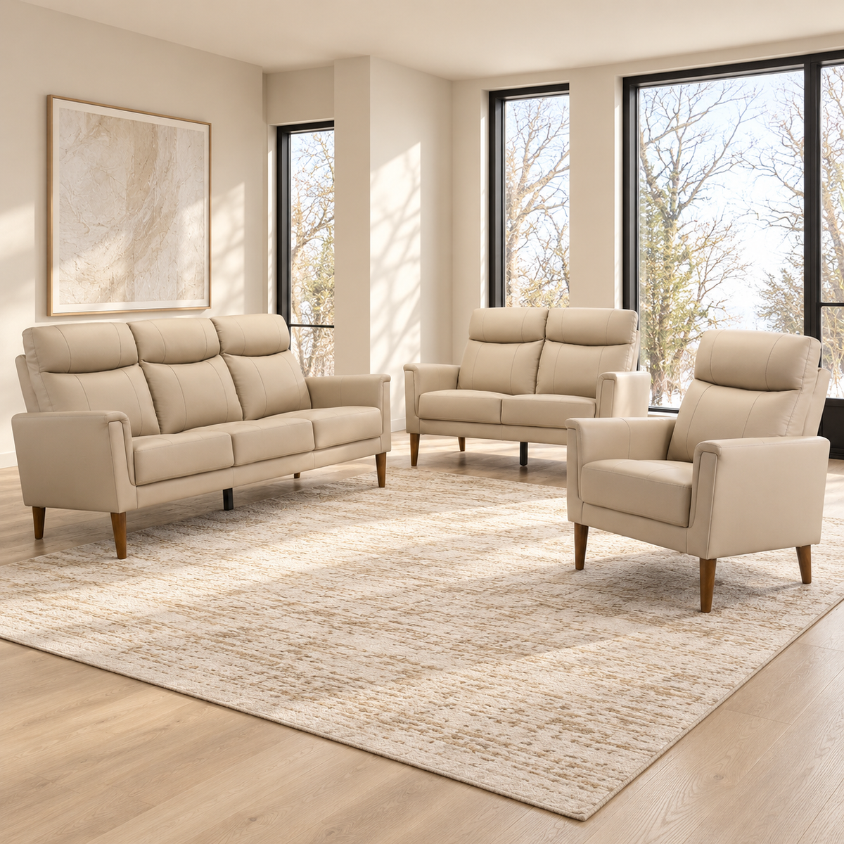 Modern Dark Chocolate Brown or Cream Leather-Match 3-Piece Sofa, Loveseat & Chair Set — Premium Soft Cream Beige Leather Match, full 3-piece set main lifestyle image