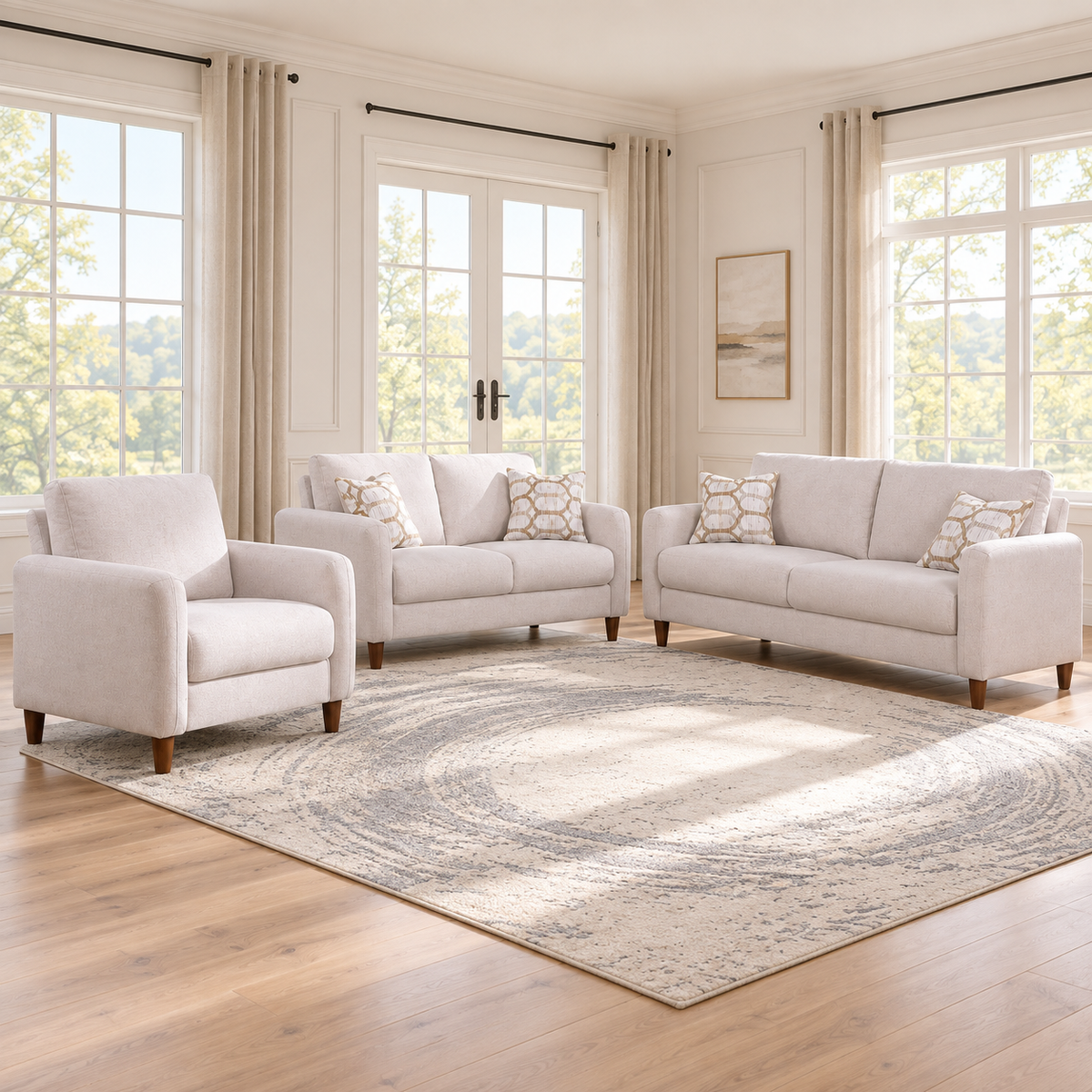 Modern Light Beige Performance Fabric 3-Piece Sofa, Loveseat & Chair Set — Default Title, full 3-piece set main lifestyle image