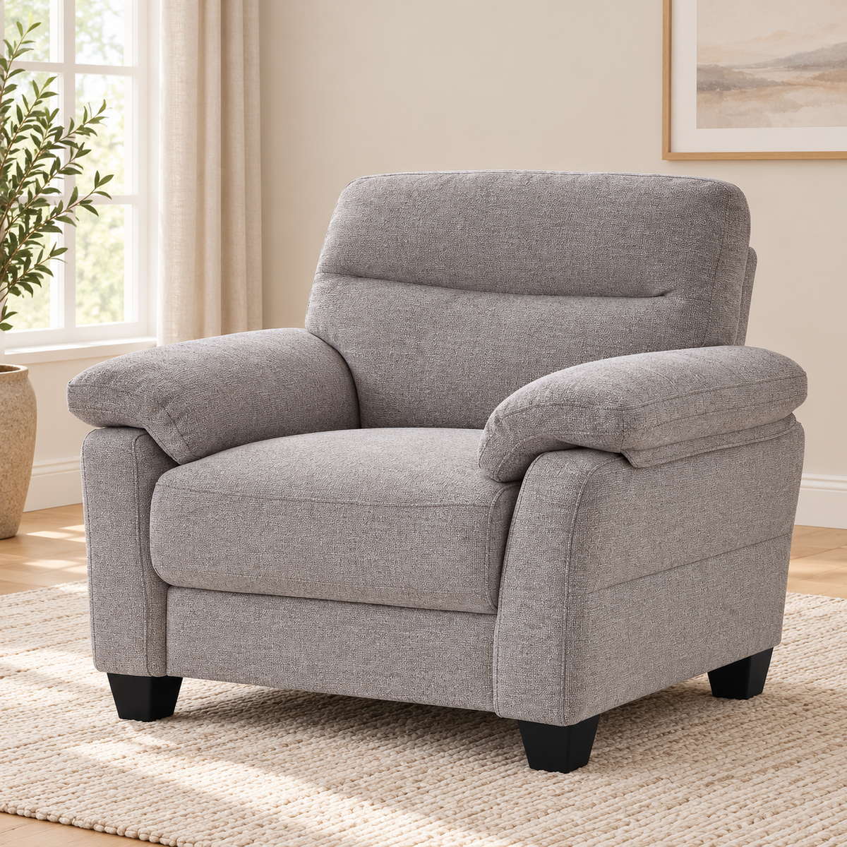 Plush Pillow-Arm Performance Fabric Chair — Greige, single chair lifestyle image