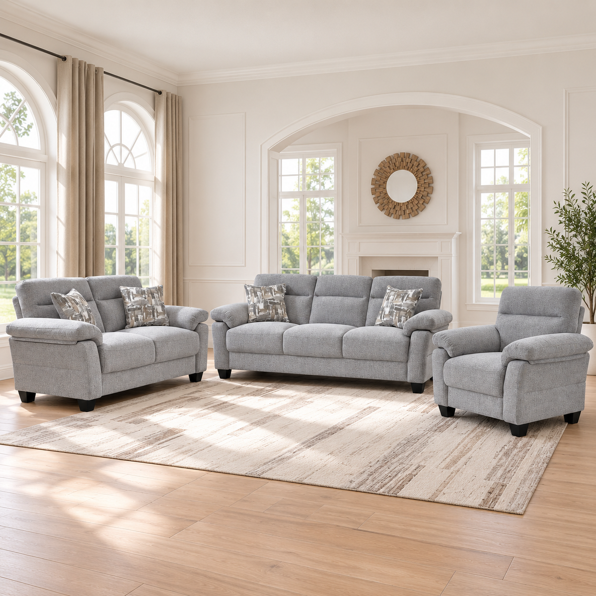 Modern Light Grey Performance Fabric 3-Piece Sofa, Loveseat & Chair Set — Default Title, full 3-piece set main lifestyle image
