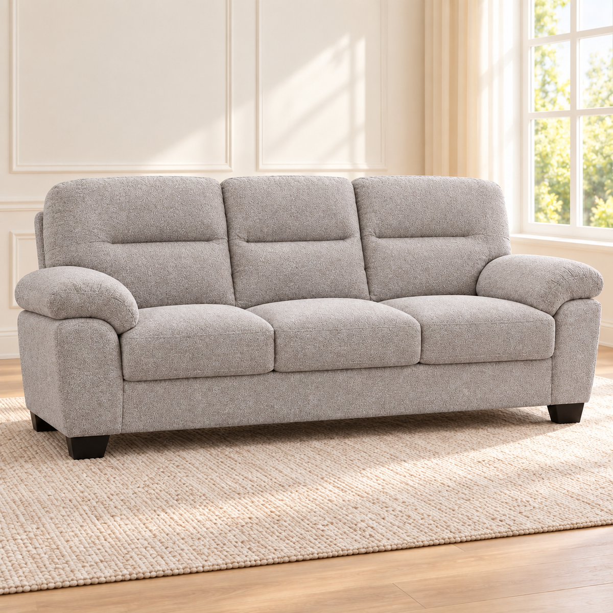 Plush Pillow-Arm Performance Fabric 3-Seater Sofa – Warm Grey, sofa only in a warm living room