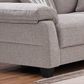 IF-8026 greige performance fabric — pillow-top arm, tailored seam and black wooden leg close-up