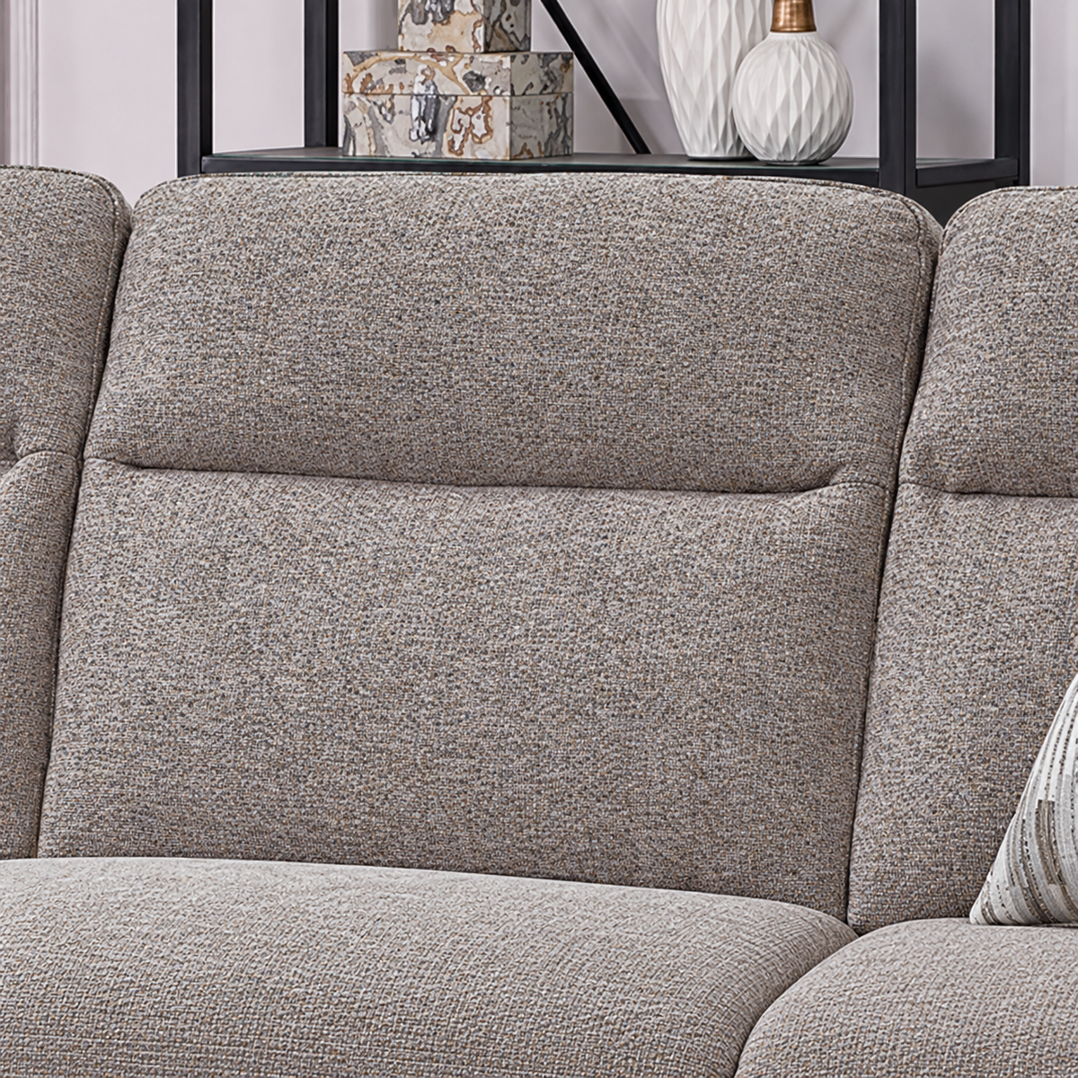 IF-8026 greige performance fabric — tailored back cushion and woven upholstery close-up