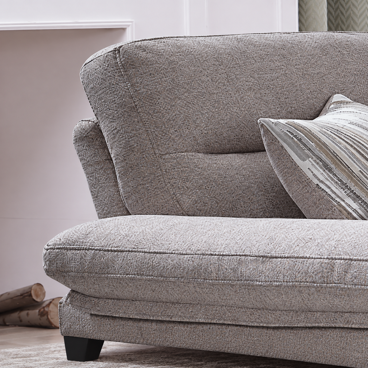IF-8026 greige performance fabric — woven texture, cushion seams and coordinating pillow close-up