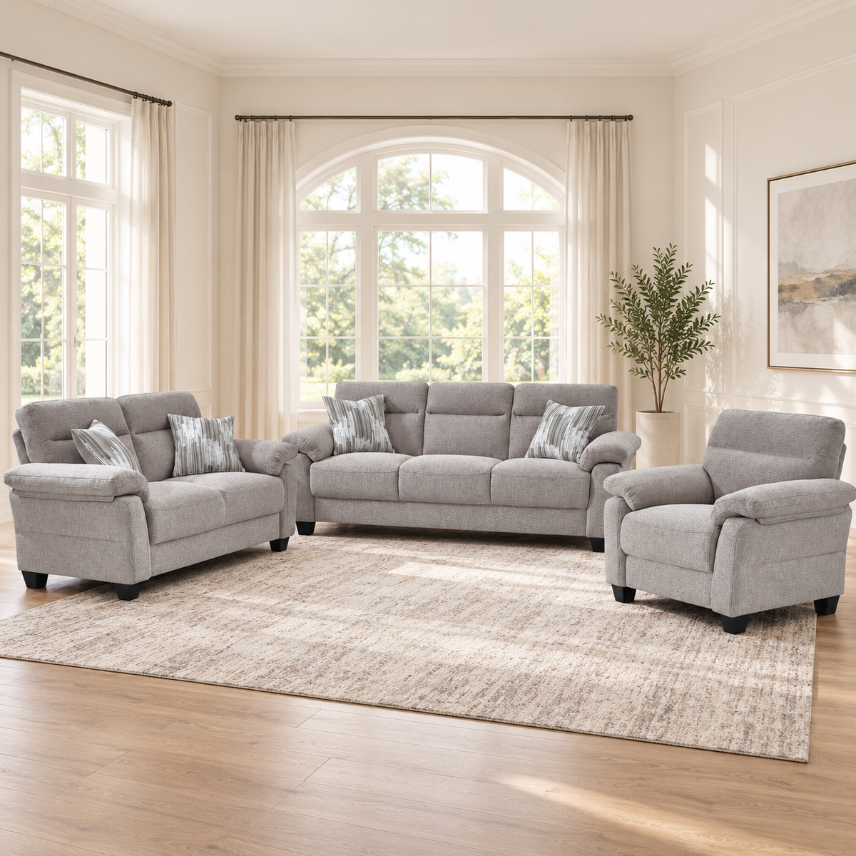 Warm Greige Performance Fabric 3-Piece Sofa, Loveseat & Chair Set — Greige, full 3-piece set main lifestyle image