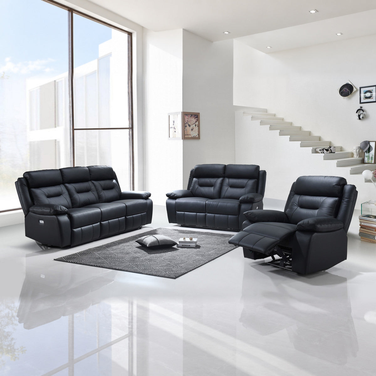 Modern Leather-Match 3-Piece Power Reclining Sofa Set with USB Charging — Black Leather Match, full 3-piece set main lifestyle image