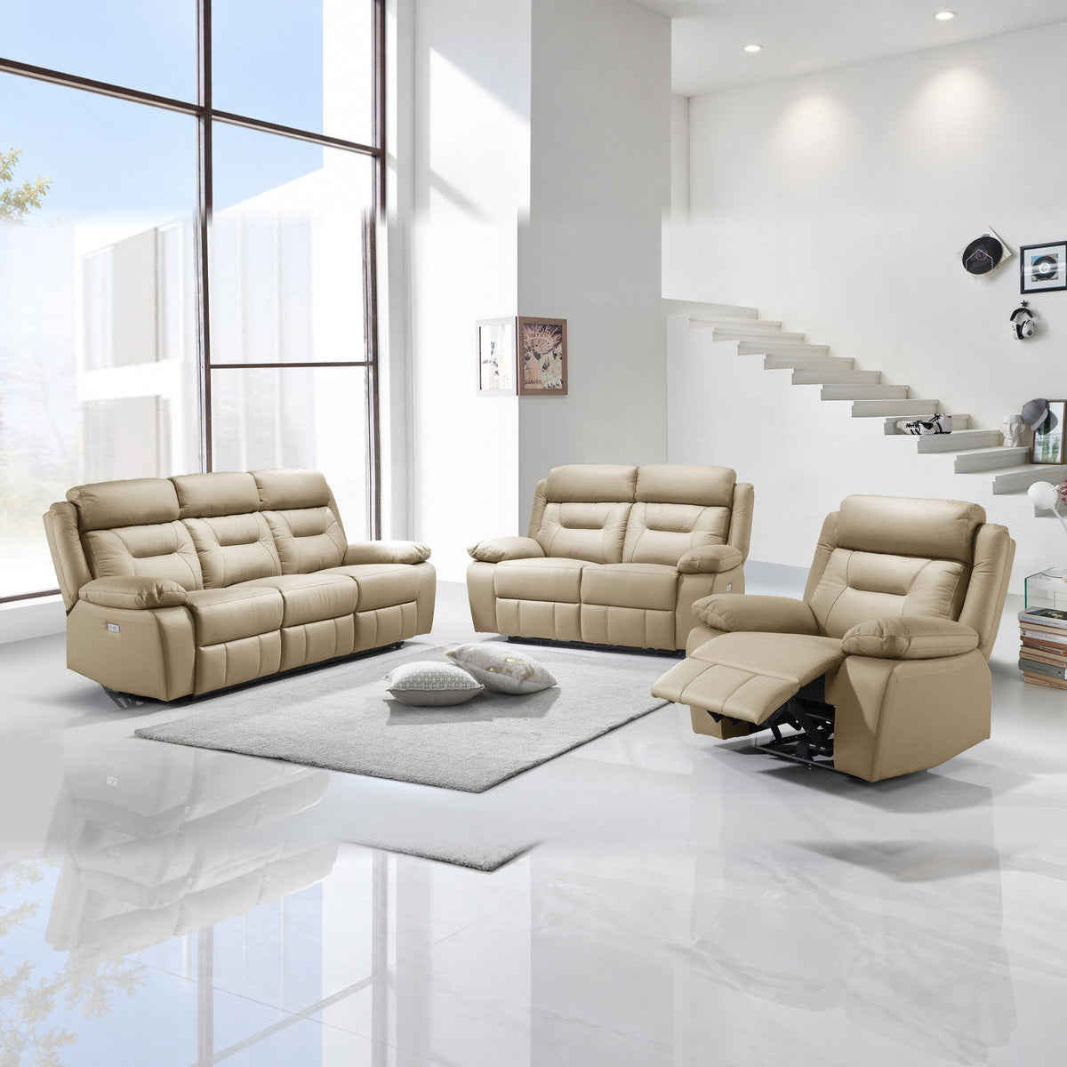 Modern Leather-Match 3-Piece Power Reclining Sofa Set with USB Charging — Beige Leather Match, full 3-piece set main lifestyle image