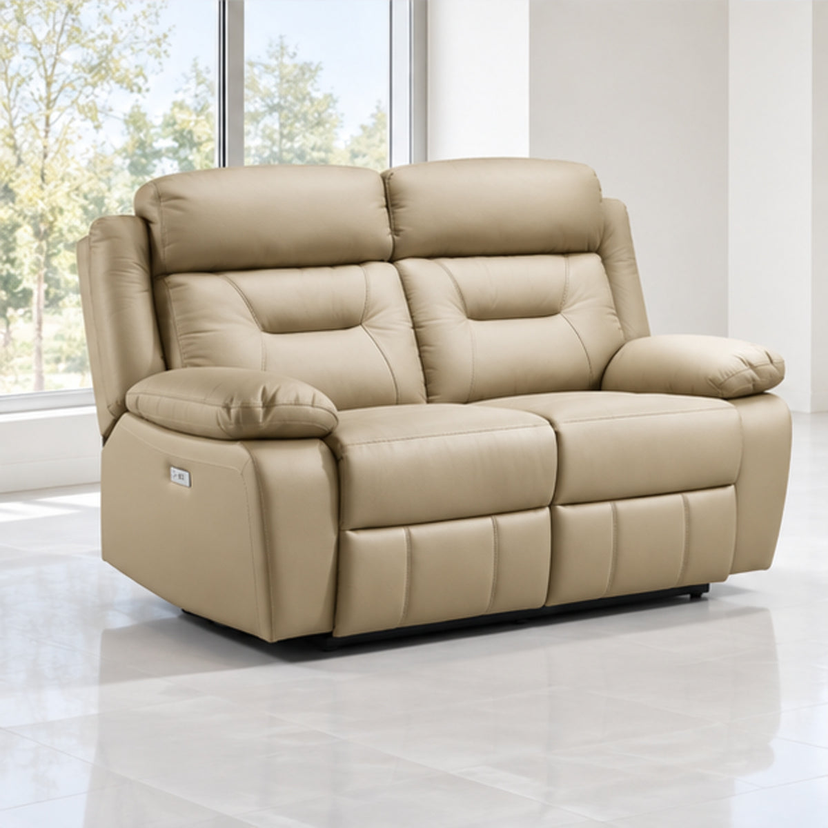 Modern Leather-Match Power Reclining Loveseat with USB Charging — Beige Leather Match lifestyle