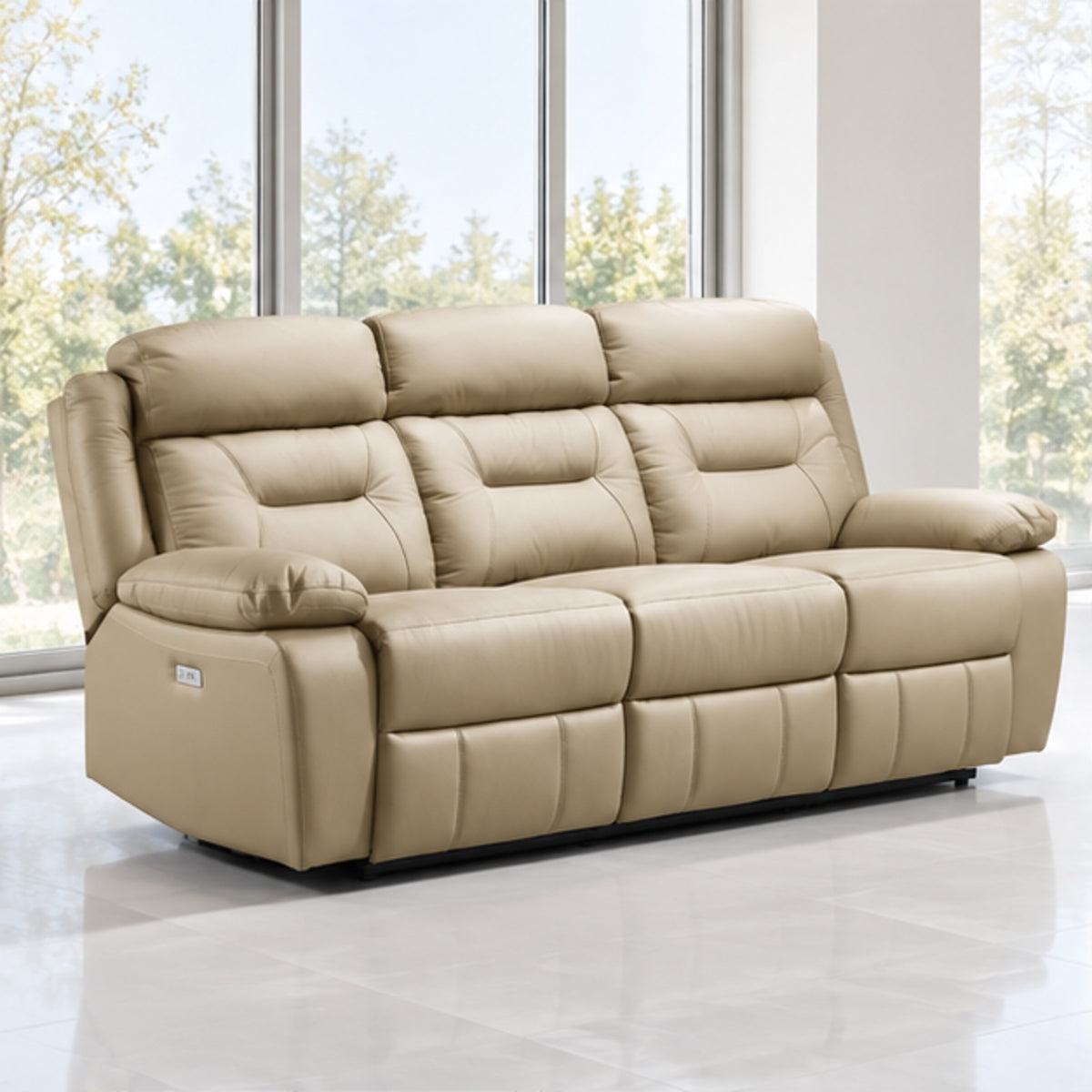 Modern Leather-Match Power Reclining 3-Seater Sofa with USB Charging — Beige Leather Match lifestyle