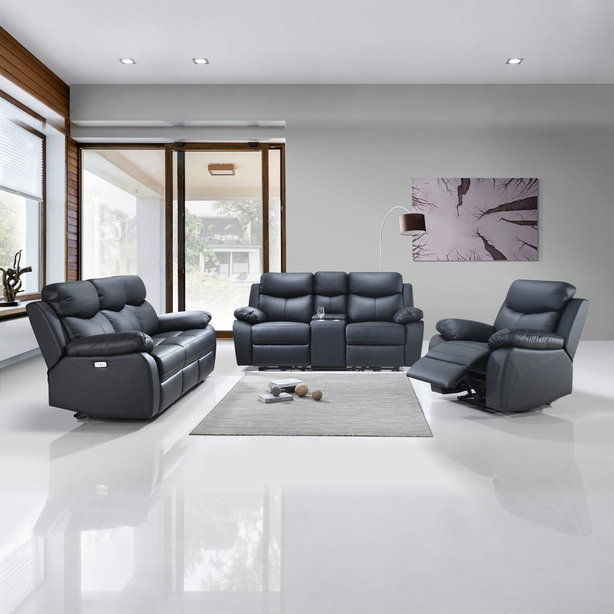 Modern Leather-Match 3-Piece Power Reclining Sofa Set with USB Charging — Black Leather Match, full 3-piece set main lifestyle image