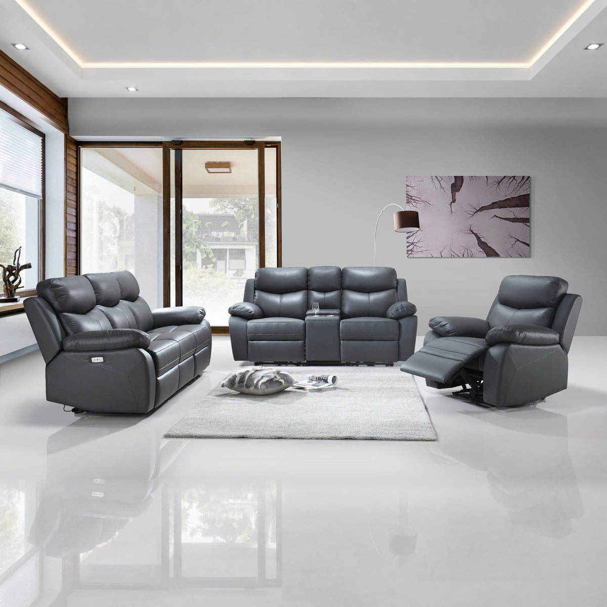 Modern Leather-Match 3-Piece Power Reclining Sofa Set with USB Charging — Grey Leather Match, full 3-piece set main lifestyle image